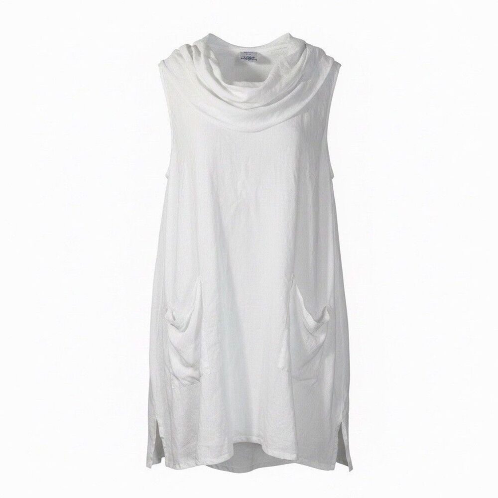 Match Point USA Linen Cowl Neck Tunic Dress Womens Size Med. White Two Pockets